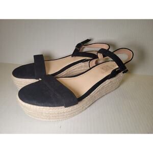 Women's Size 40 (8.5) Black Strappy Platform Wedge Espadrille Woven Roman Sandal